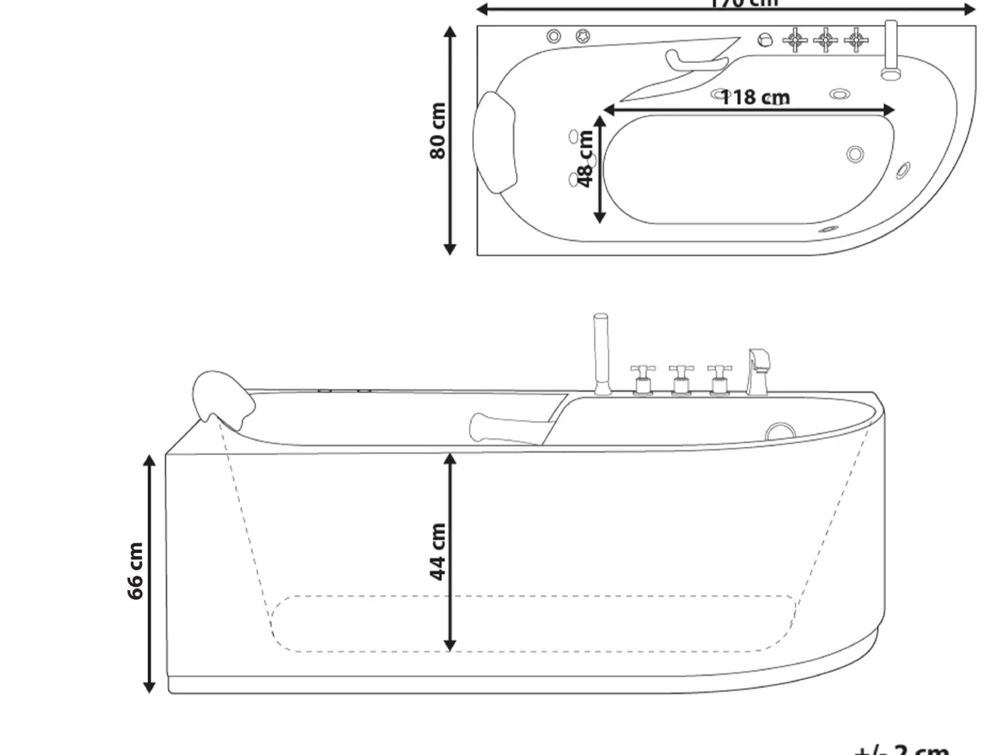 Badekar med massage SAYULA Højrevendt 170 x 80 cm Hvid