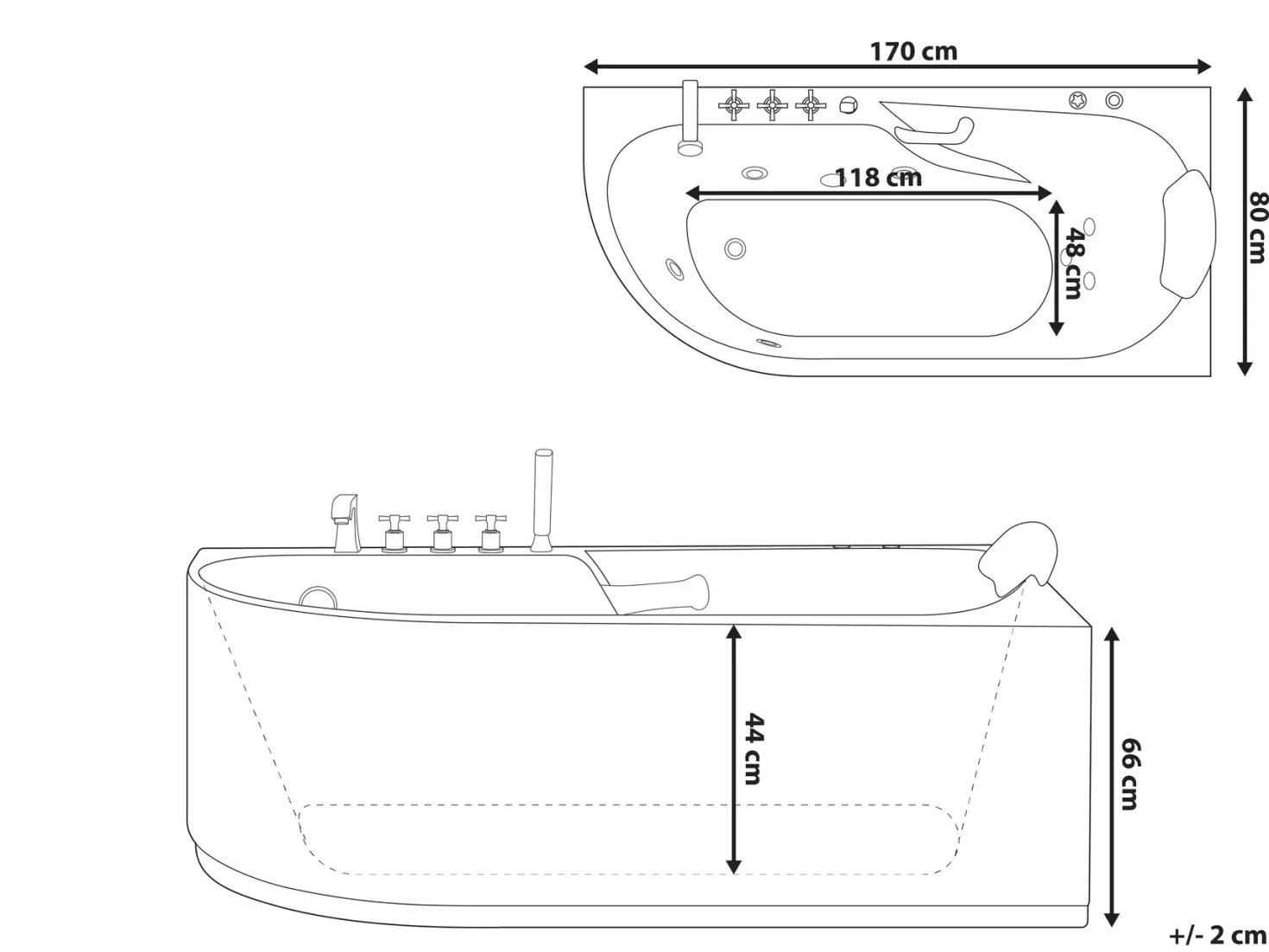 Badekar med massage SAYULA Venstrevendt 170 x 80 cm Hvid