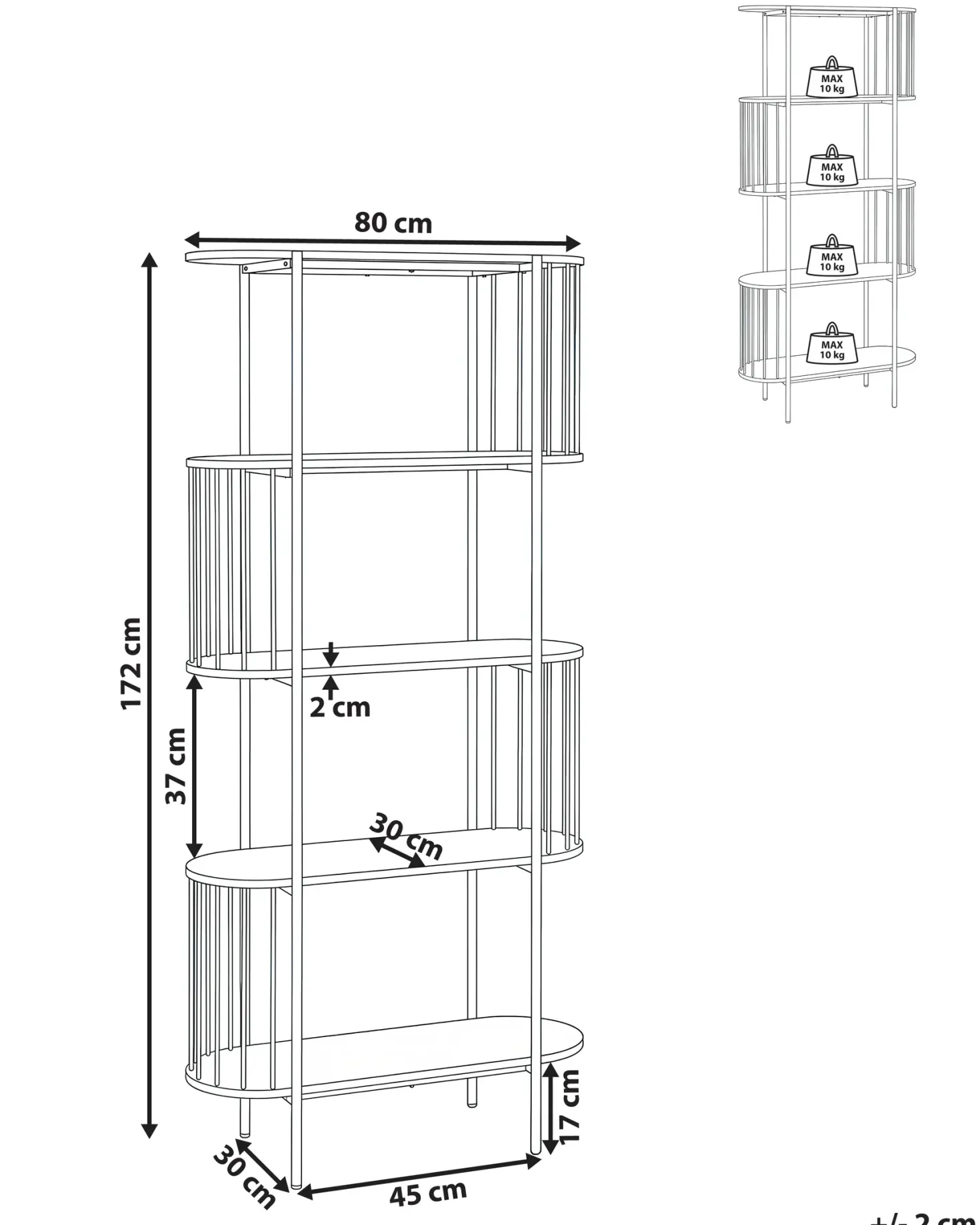 Bogreol med 4 hylder OREANA 172 cm Sort