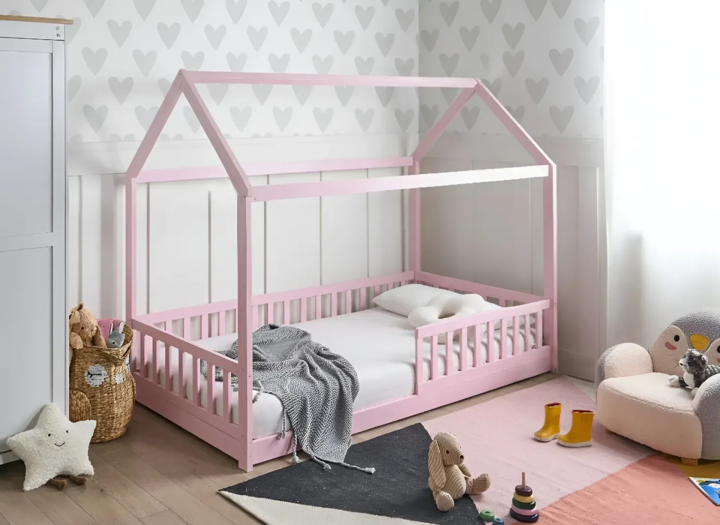 Børneseng Hus Fyretræ COSSAYE 90 x 200 cm Pastellrosa