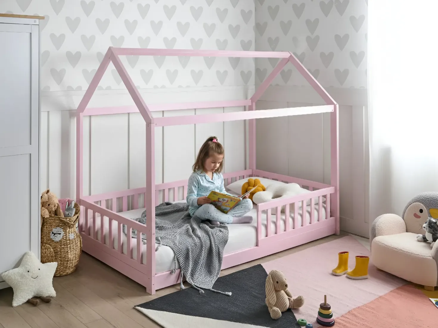 Børneseng Hus Fyretræ COSSAYE 90 x 200 cm Pastellrosa