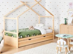 Børneseng Hus Fyretræ ORGEVAL 90 x 200 cm med opbevaring Lysebrun