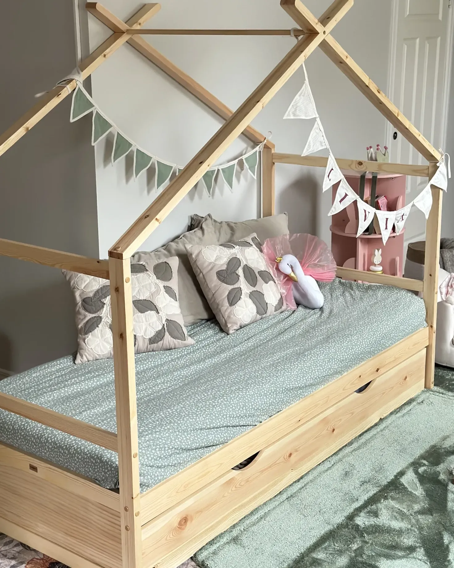 Børneseng Hus Fyretræ ORGEVAL 90 x 200 cm med opbevaring Lysebrun