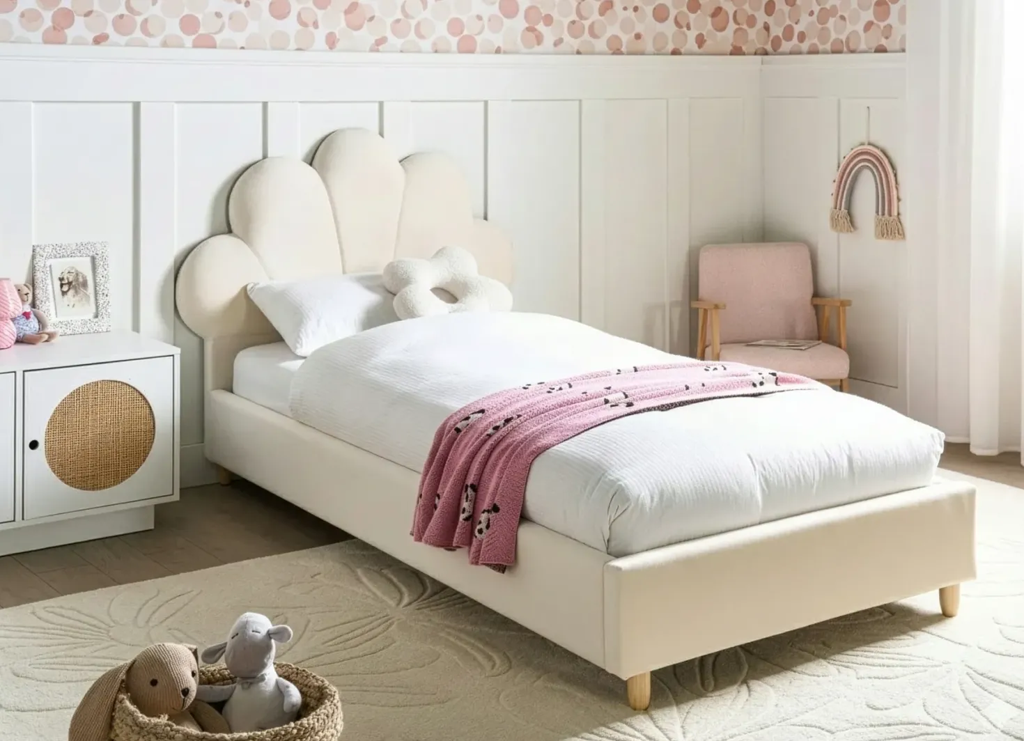 Børneseng Muslingeskal Velour NEULISE 90 x 200 cm Beige
