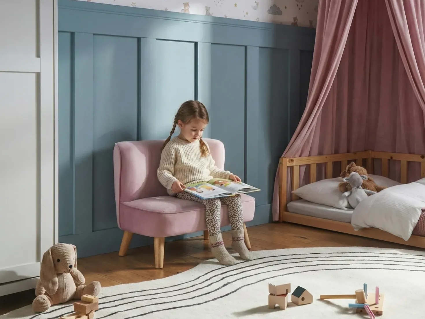 Børnesofa RISBY Velour Lyserød