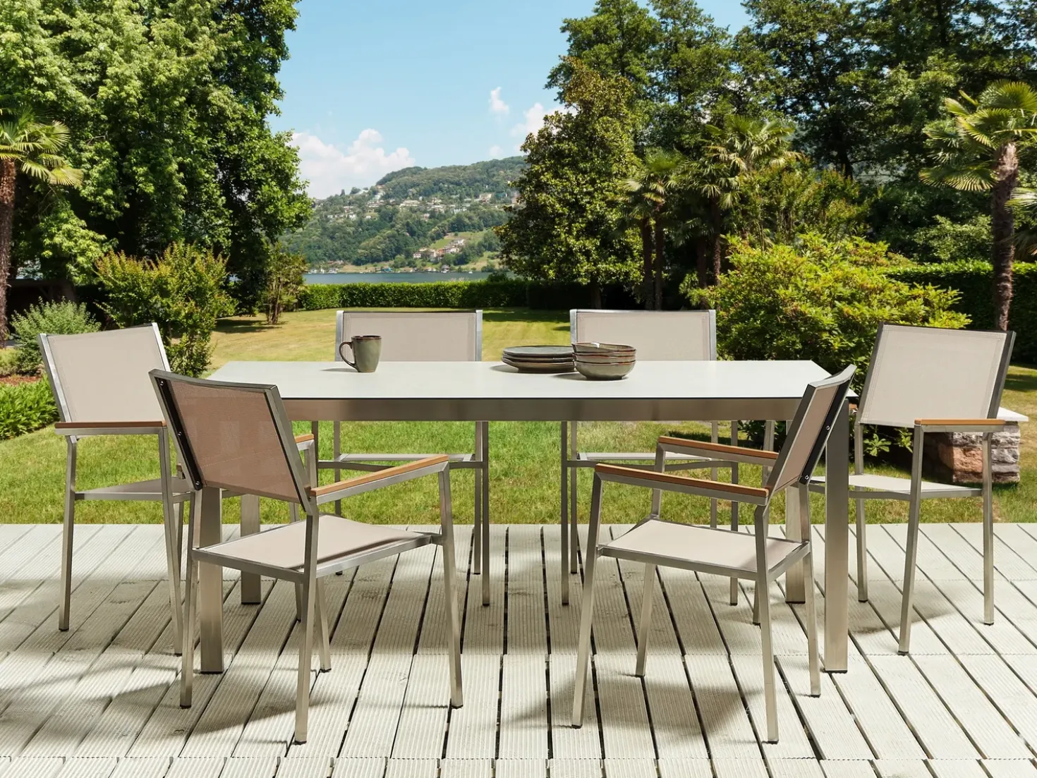 COSOLETO/GROSSETO 6 personers Havemøbelsæt Hvid/beige Hærdet glas Marmor effekt