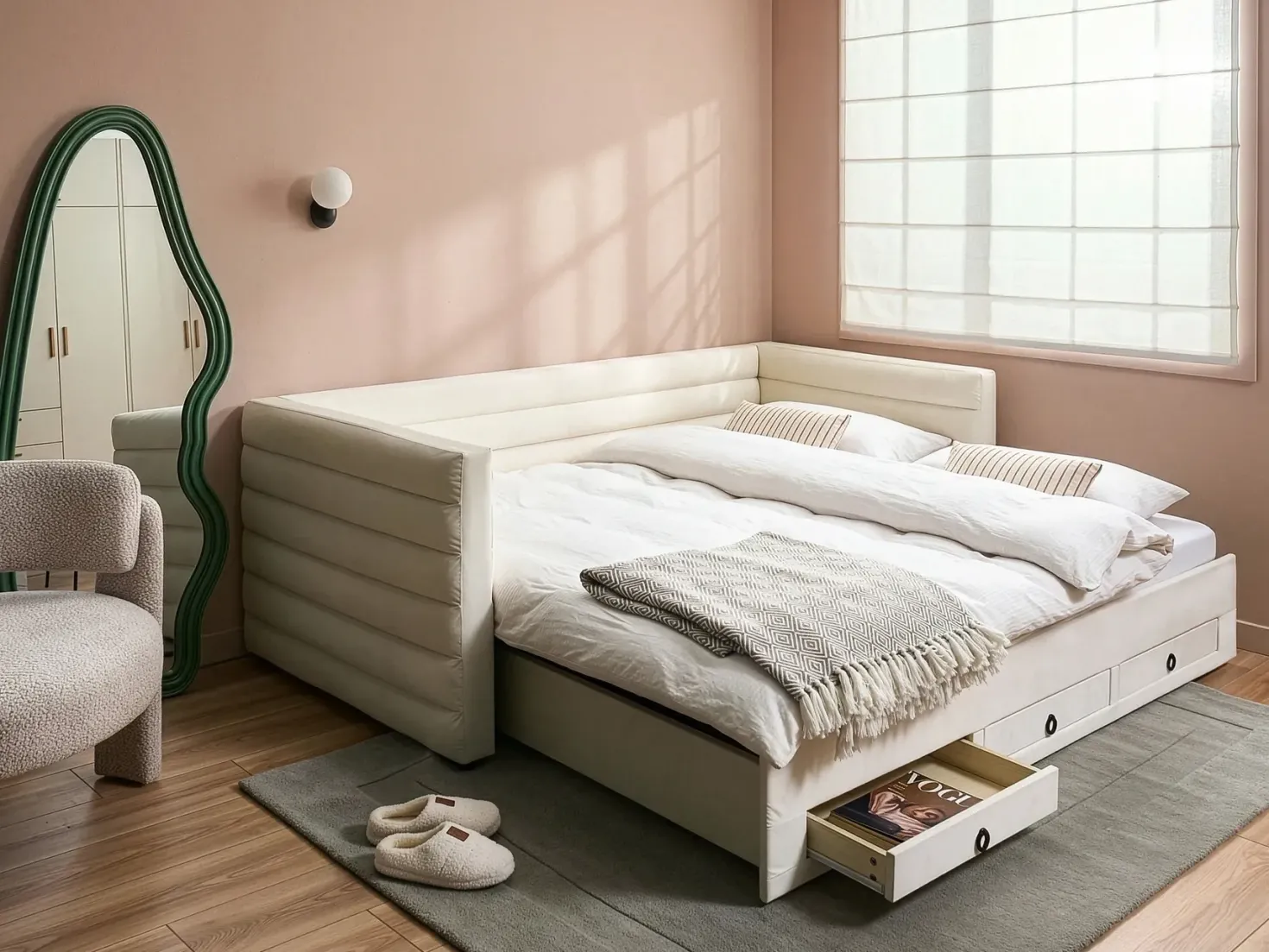 Daybed med opbevaring Velour MEUDON 90 x 200 cm Cremehvid