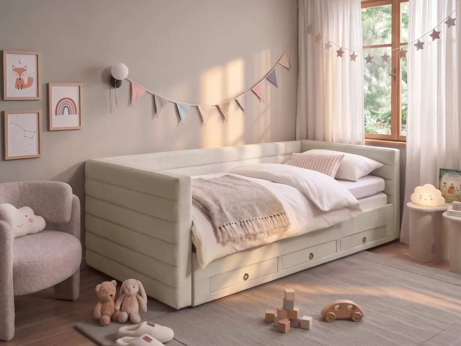 Daybed med opbevaring Velour MEUDON 90 x 200 cm Cremehvid