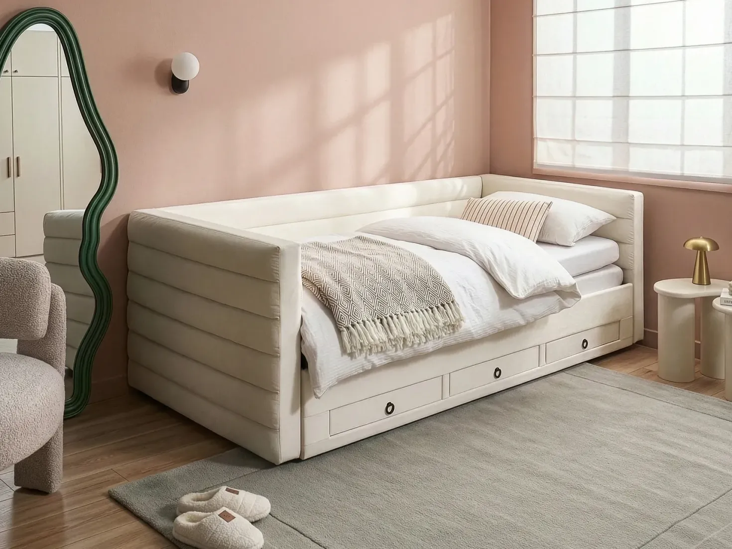 Daybed med opbevaring Velour MEUDON 90 x 200 cm Cremehvid