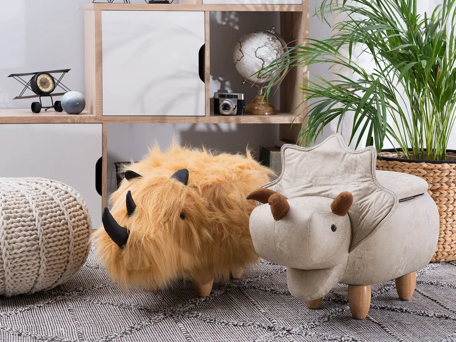 Dyrepuf med opbevaring TRICERATOPS Lysegrå Dinosaur