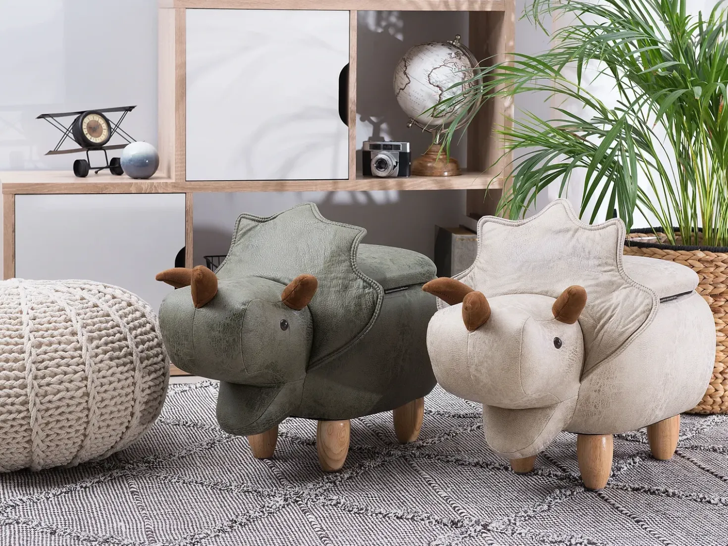 Dyrepuf med opbevaring TRICERATOPS Lysegrå Dinosaur