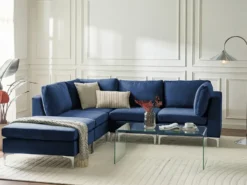 EVJA 4 personers Hjørnesofa modul Højrevendt Navy Blå Velour med fodskammel