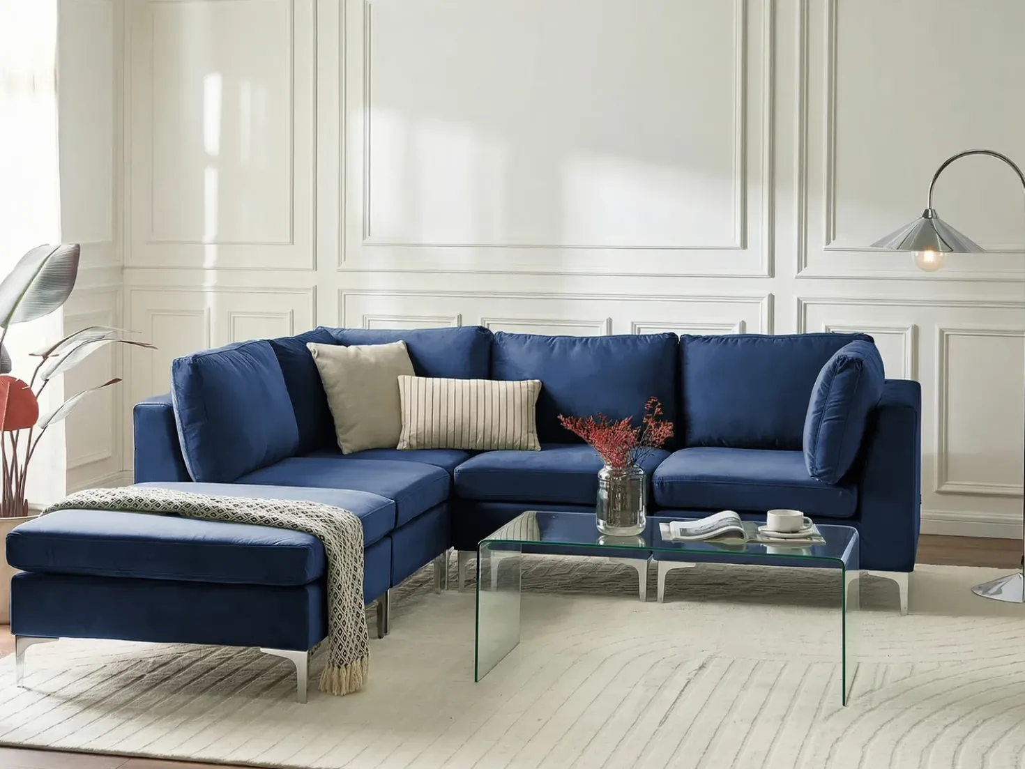 EVJA 4 personers Hjørnesofa modul Højrevendt Navy Blå Velour med fodskammel