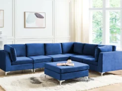 EVJA 6 personers Hjørnesofa modul Venstrevendt Navy Blå Velour med fodskammel