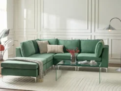 EVJA 4 personers Hjørnesofa modul Højrevendt Grøn Velour med fodskammel