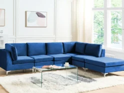 EVJA 5 personers Hjørnesofa modul Venstrevendt Navy Blå Velour med fodskammel