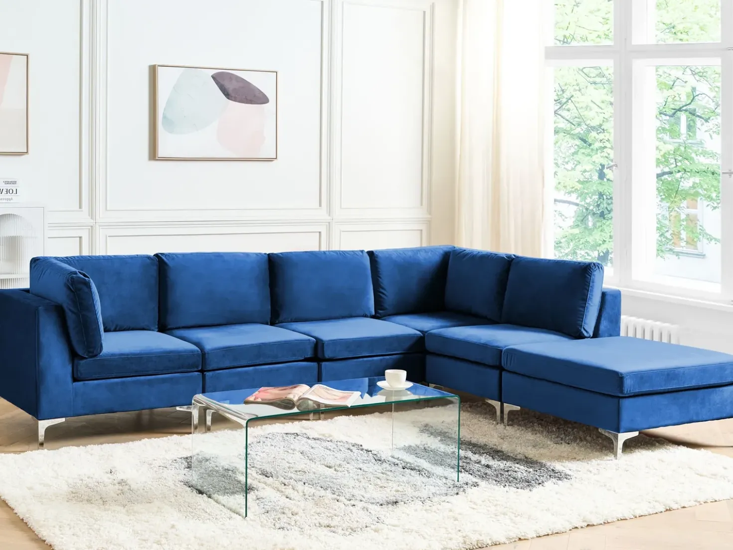 EVJA 5 personers Hjørnesofa modul Venstrevendt Navy Blå Velour med fodskammel