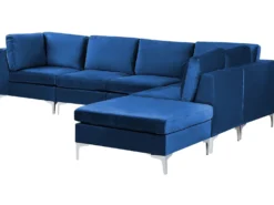 EVJA 5 personers Hjørnesofa modul Venstrevendt Navy Blå Velour med fodskammel