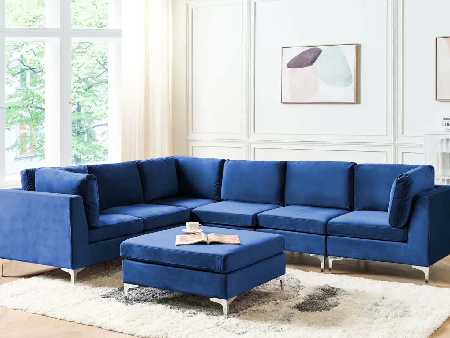 EVJA 6 personers Hjørnesofa modul Højrevendt Navy Blå Velour med fodskammel
