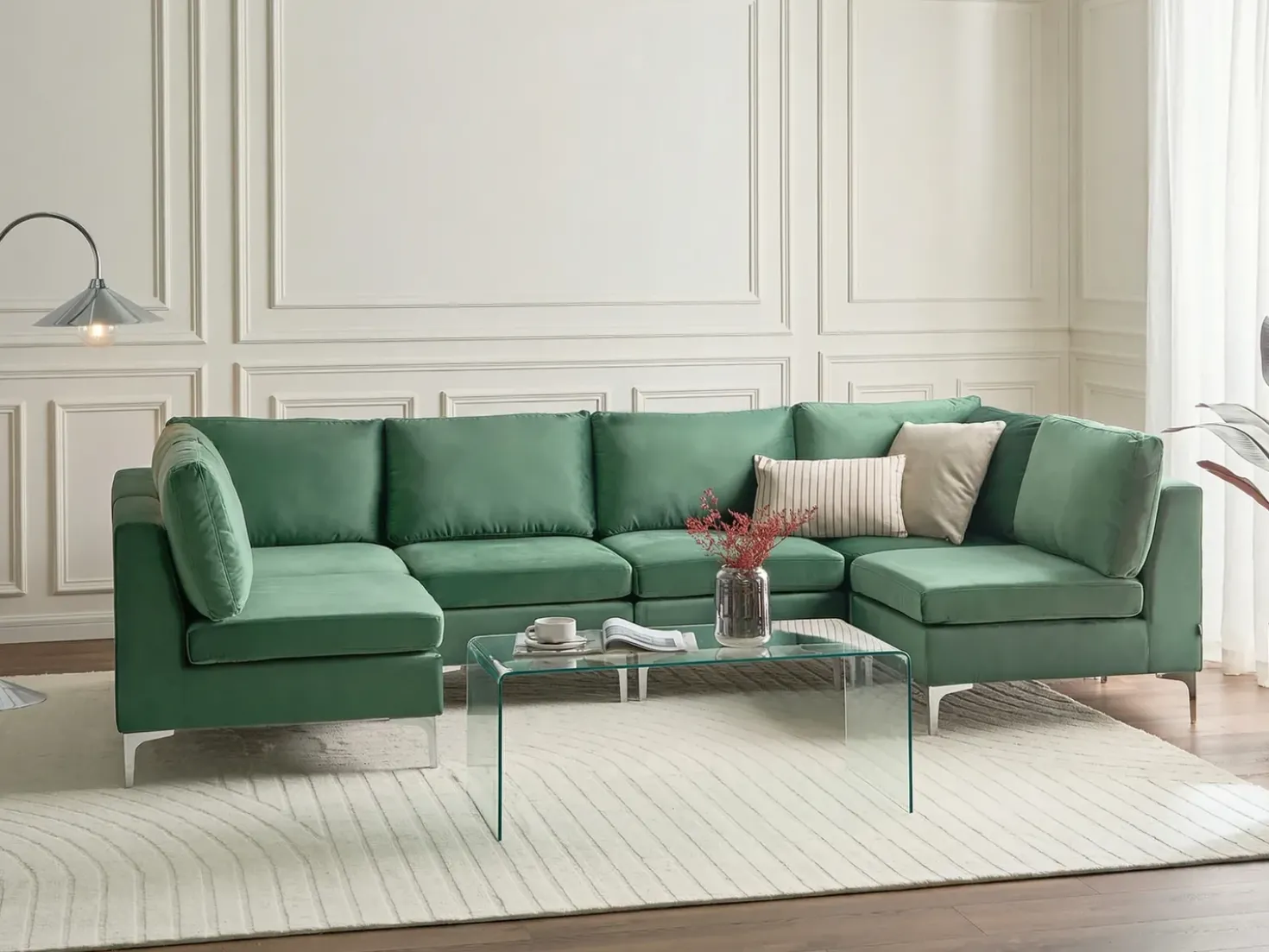 EVJA 6 personers U-formet modulsofa Grøn Velour