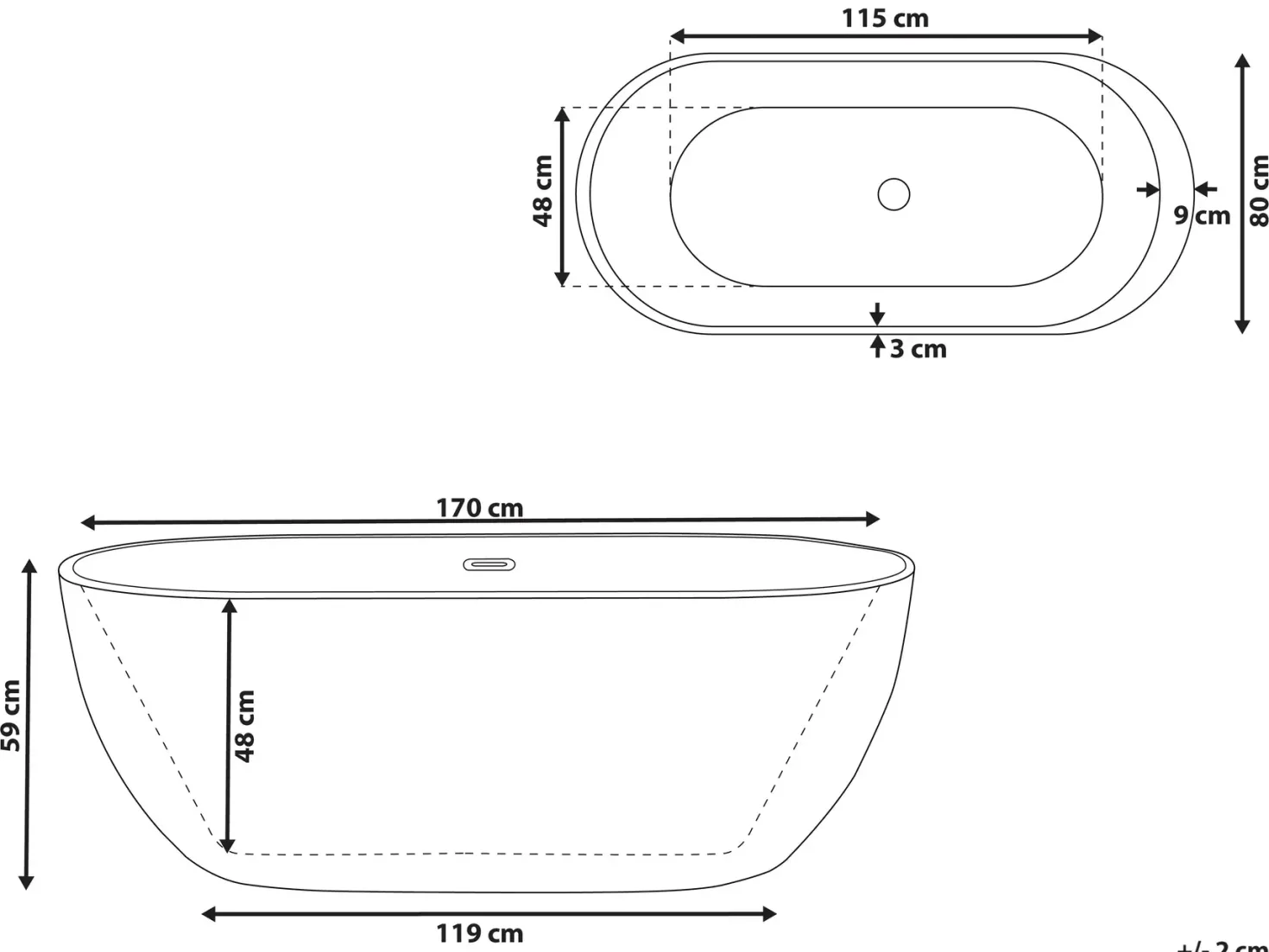 Fritstående spabad med LED NEVIS 170 x 80 cm Sort