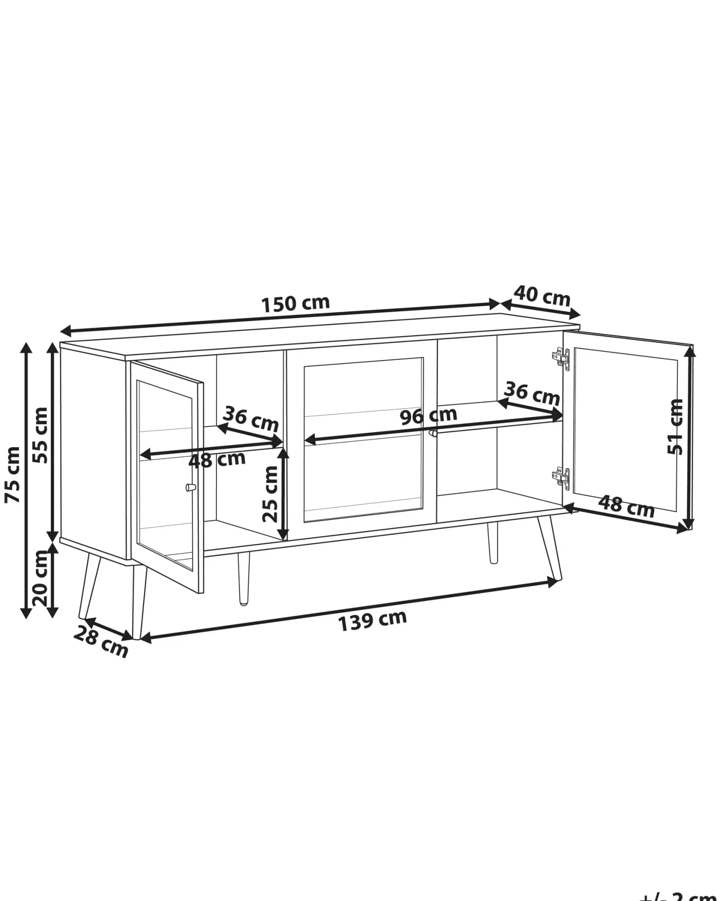 Glas vitrine skænk ALBANY 150 cm Lysebrun