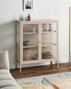 Glas vitrine skænk LERRYN Metal 90 cm Beige