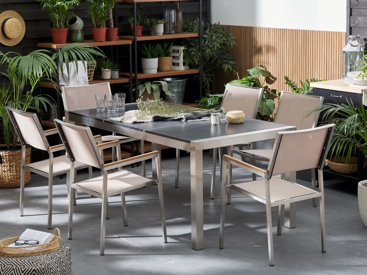 GROSSETO 6 personers Havemøbelsæt Sort/beige Basalt Trippelplade Flammet