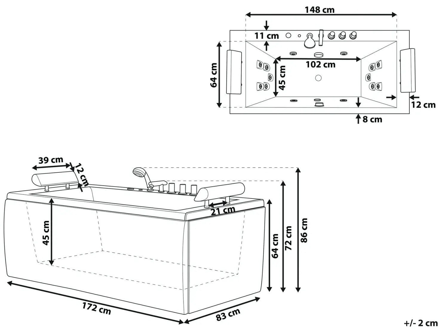 Hjørne-boblebad med LED MONTEGO 172 x 83 cm Sort