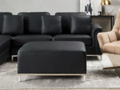 Hjørnesofa 5 personers OSLO Ægte læder Sort med fodskammel Højrevendt