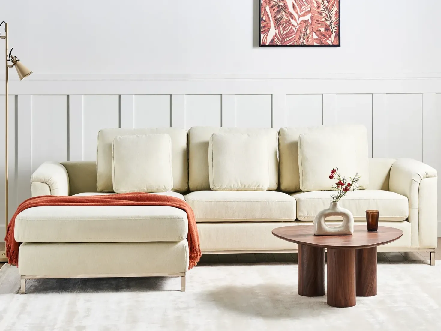 Hjørnesofa 5 personers OSLO Beige med fodskammel Højrevendt