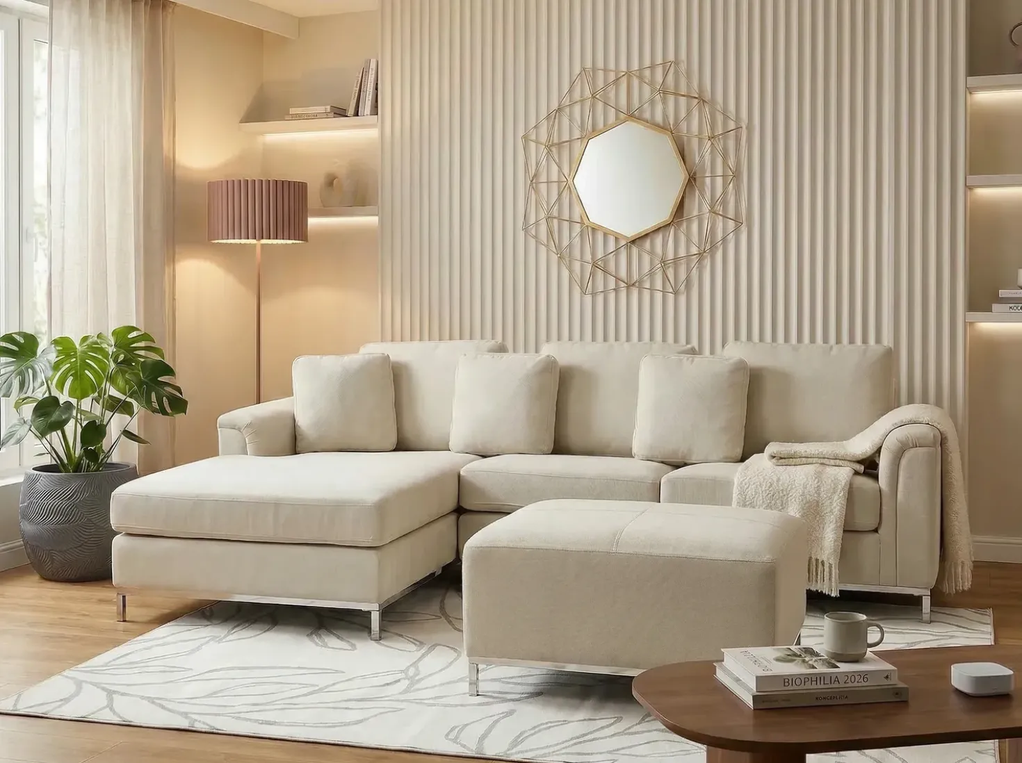 Hjørnesofa 5 personers OSLO Beige med fodskammel Højrevendt