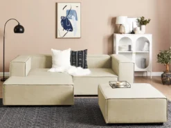 Hjørnesofa modul 2 personers APRICA Kunstlinned Beige med fodskammel Højrevendt