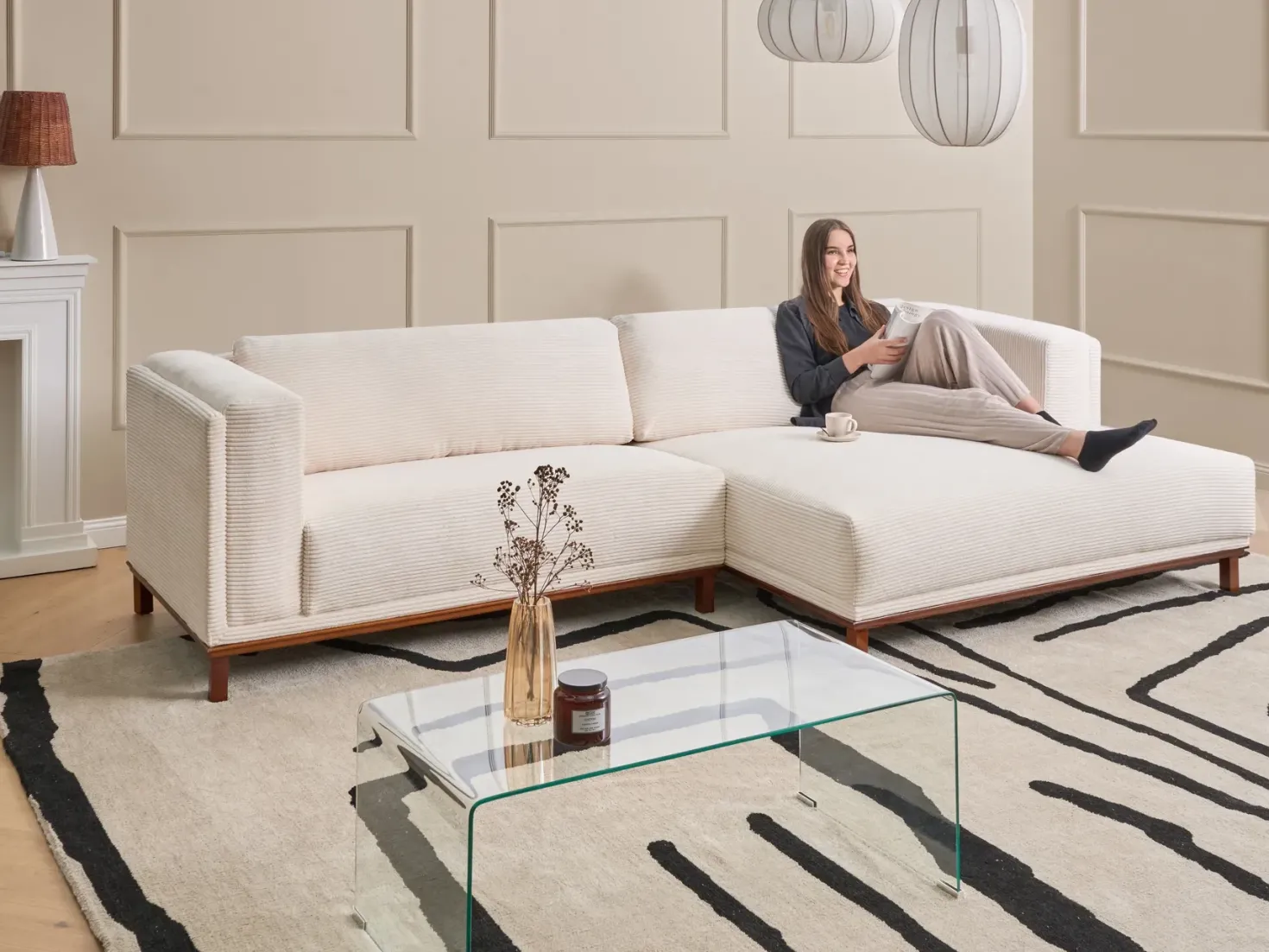 Hjørnesofa 4 personers VENG Fløjl Lys Beige Venstrevendt