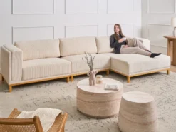 Hjørnesofa 5 personers VENG Fløjl Lys Beige Venstrevendt