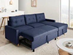 Hjørnesovesofa 4 personers FLAKK Navy Blå med opbevaring Venstrevendt