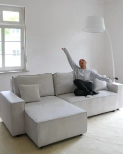 Hjørnesovesofa 3 personers ABACKA Fløjl Cremehvid Højrevendt