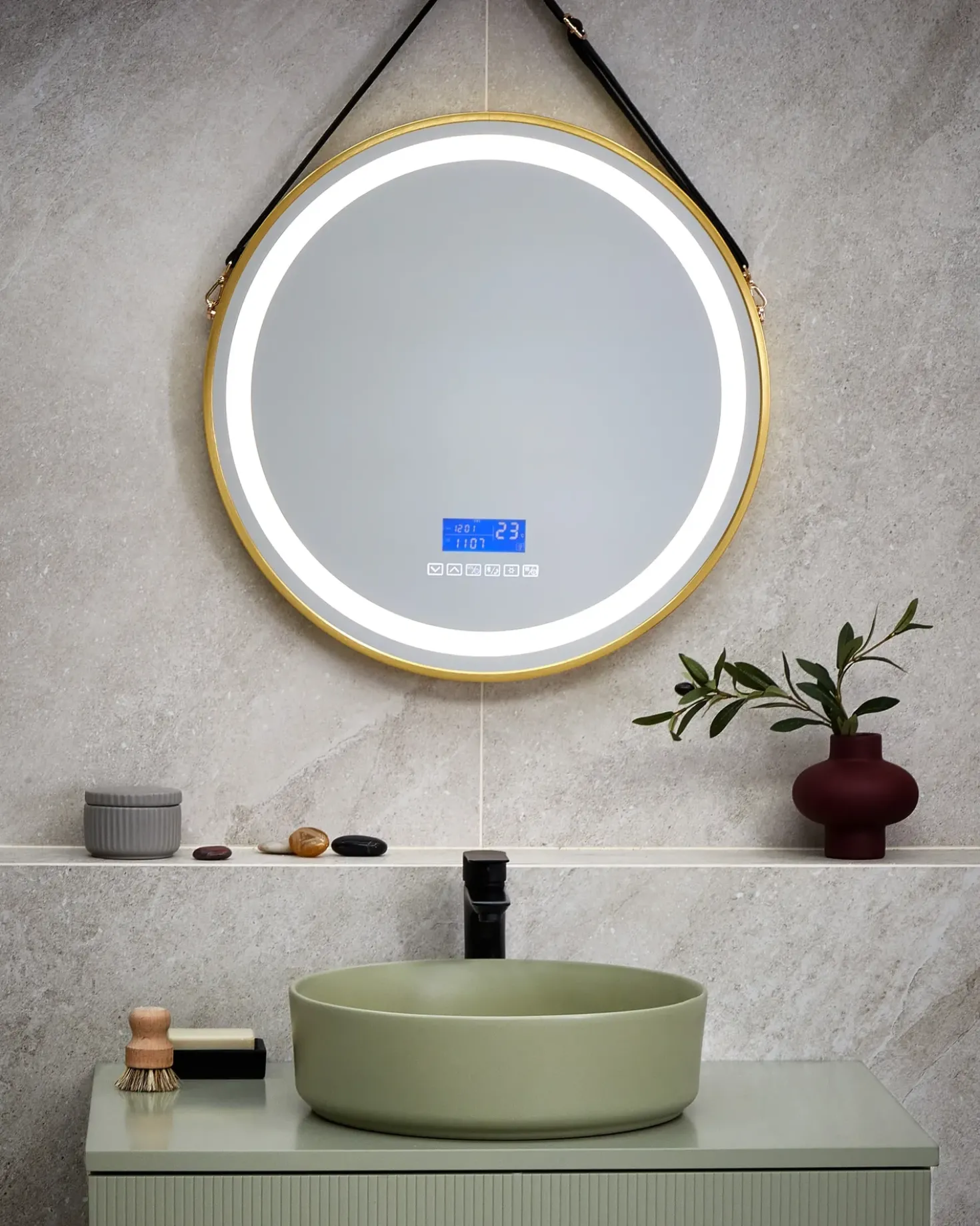 LED-badeværelsesspejl DAROIS 60 cm 60 cm Med indbygget Bluetooth-højttaler Guld