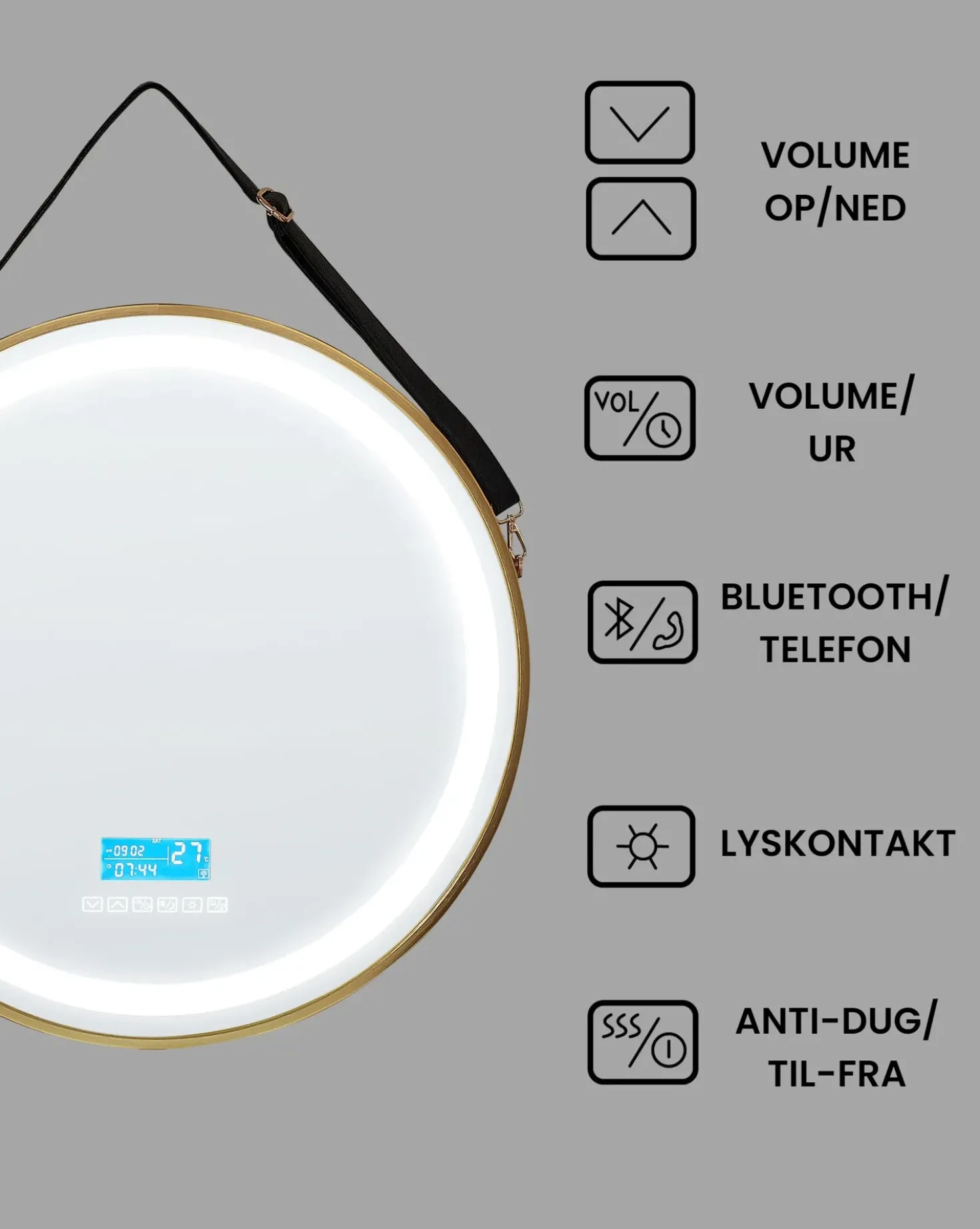 LED-badeværelsesspejl DAROIS 60 cm 60 cm Med indbygget Bluetooth-højttaler Guld