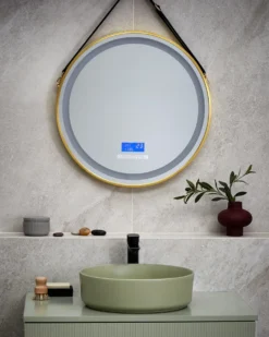 LED-badeværelsesspejl DAROIS 60 cm 60 cm Med indbygget Bluetooth-højttaler Guld