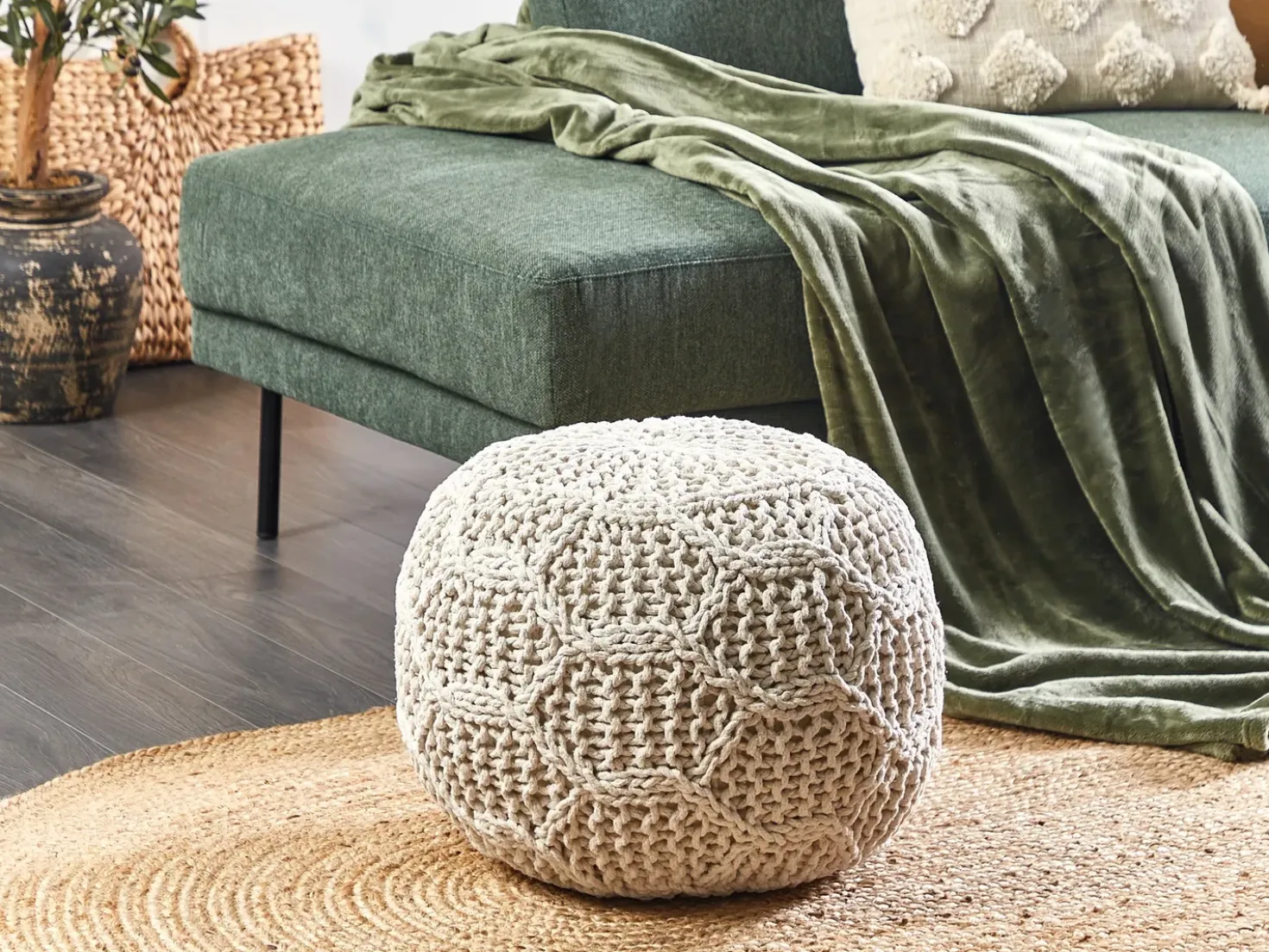 Puf Macramé TRIMAN Bomuld Lys Beige