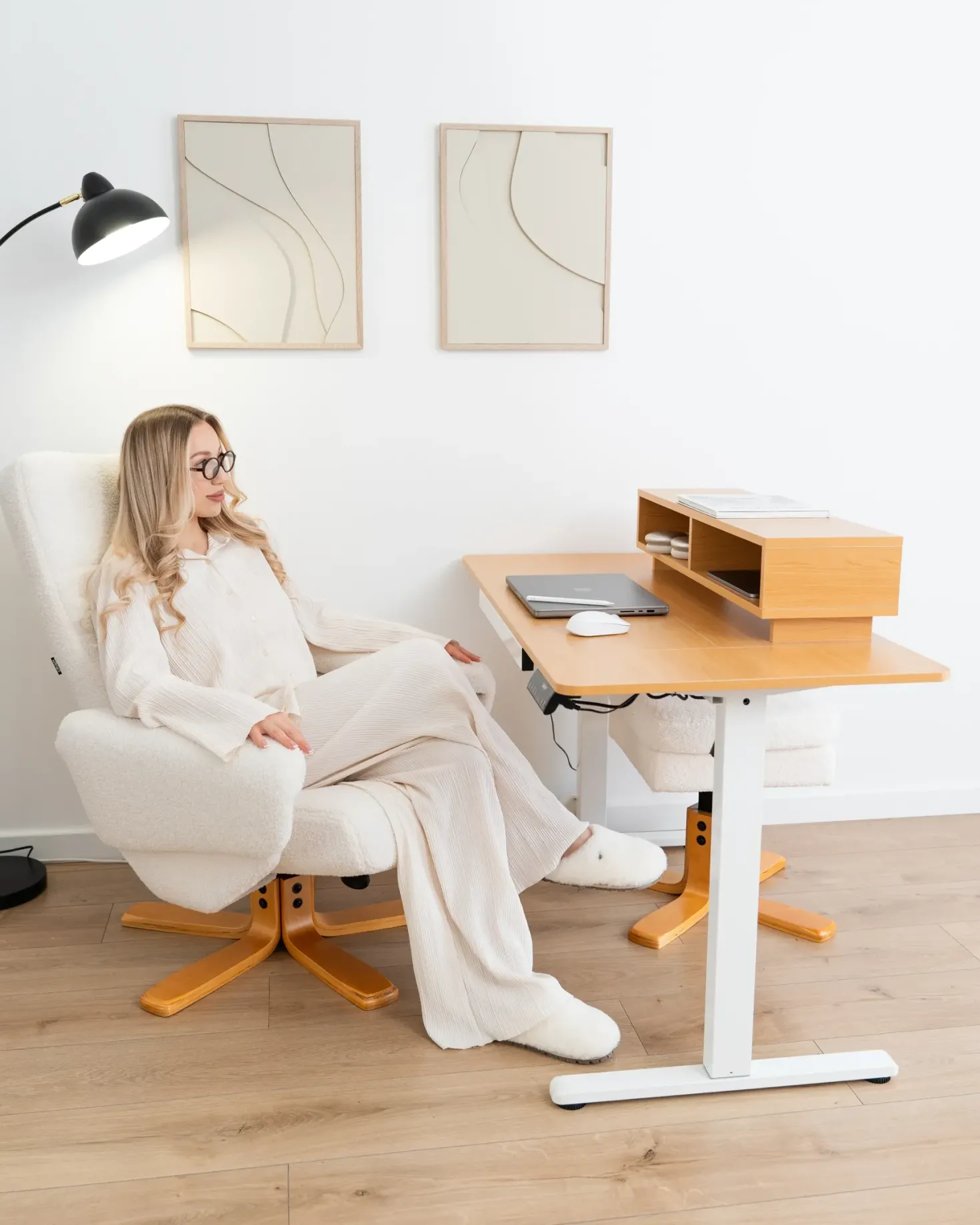 Recliner stol EPSE med fodskammel Boucle Cremehvid