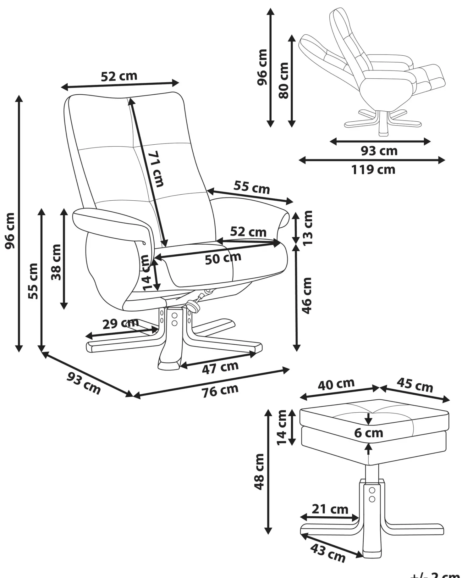 Recliner stol EPSE med fodskammel Boucle Cremehvid