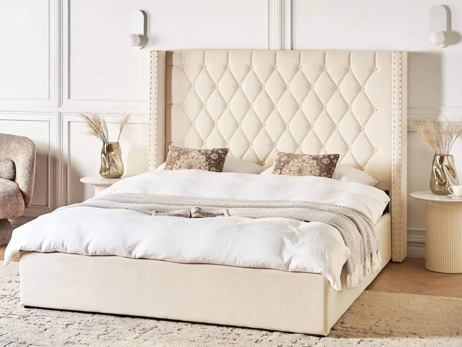 Seng med opbevaring LUBBON Velour Cremehvid 160 x 200 cm