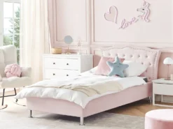 Seng med opbevaring Velour METZ 90 x 200 cm Pastellrosa