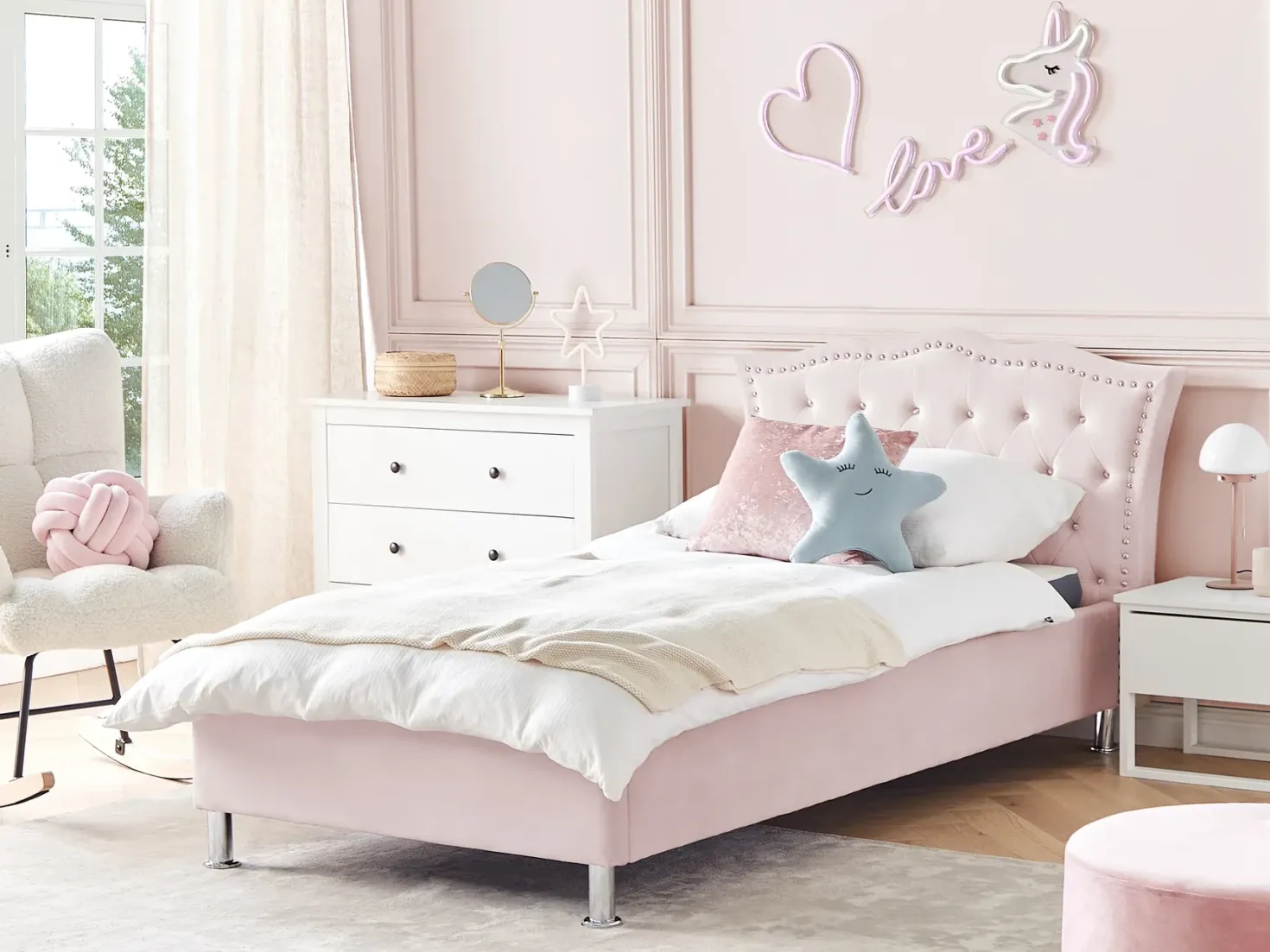 Seng med opbevaring Velour METZ 90 x 200 cm Pastellrosa