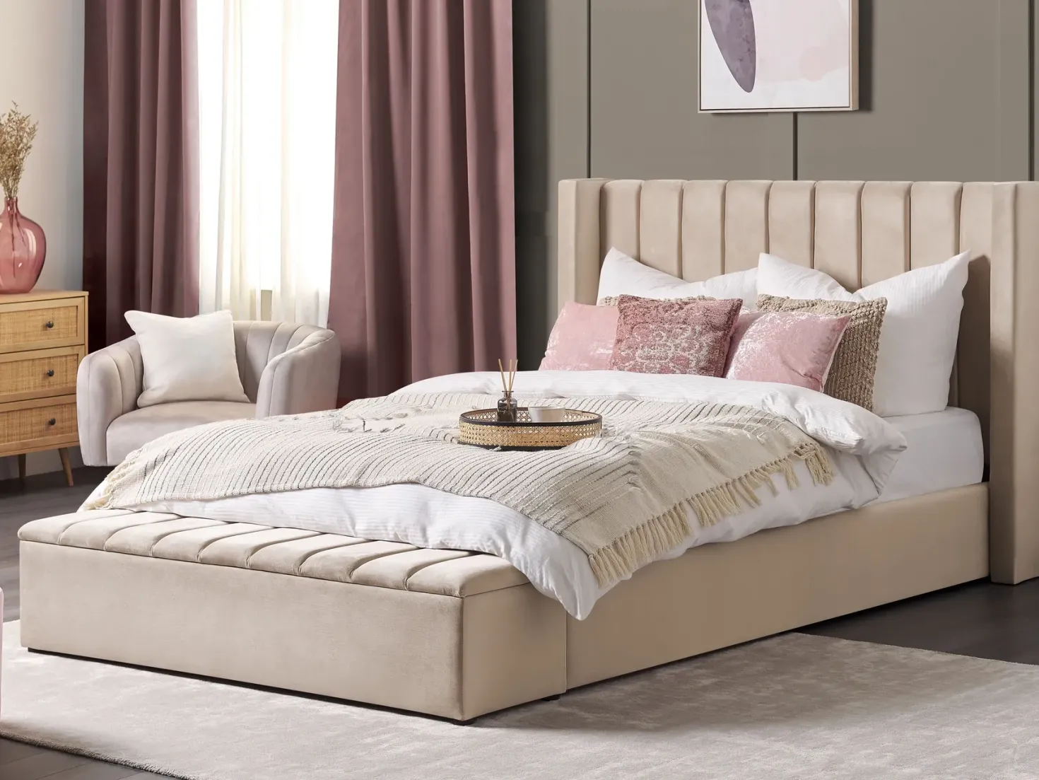 Seng med opbevaringsbænk NOYERS Velour Beige 180 x 200 cm