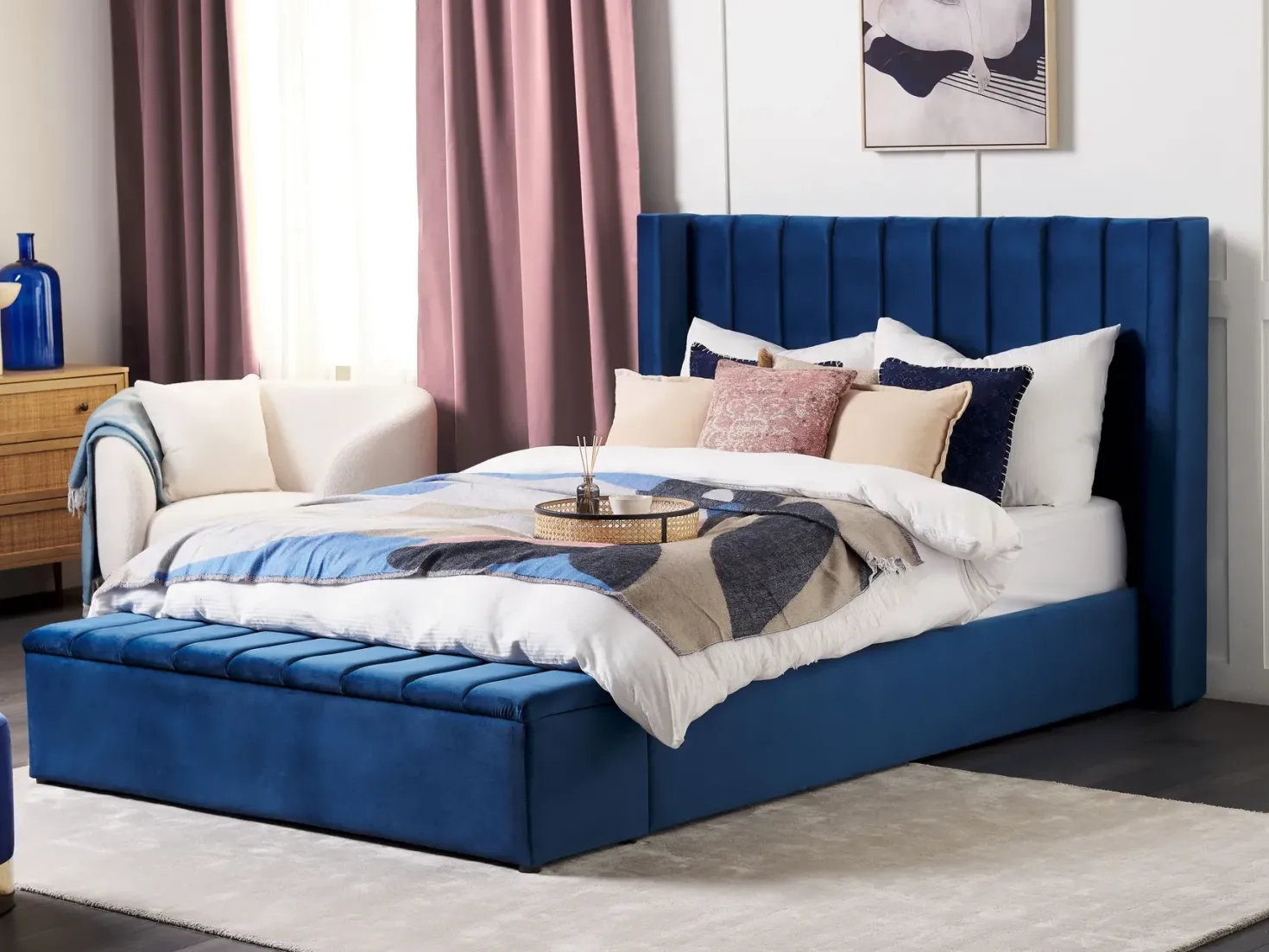 Seng med opbevaringsbænk NOYERS Velour Navy Blå 160 x 200 cm