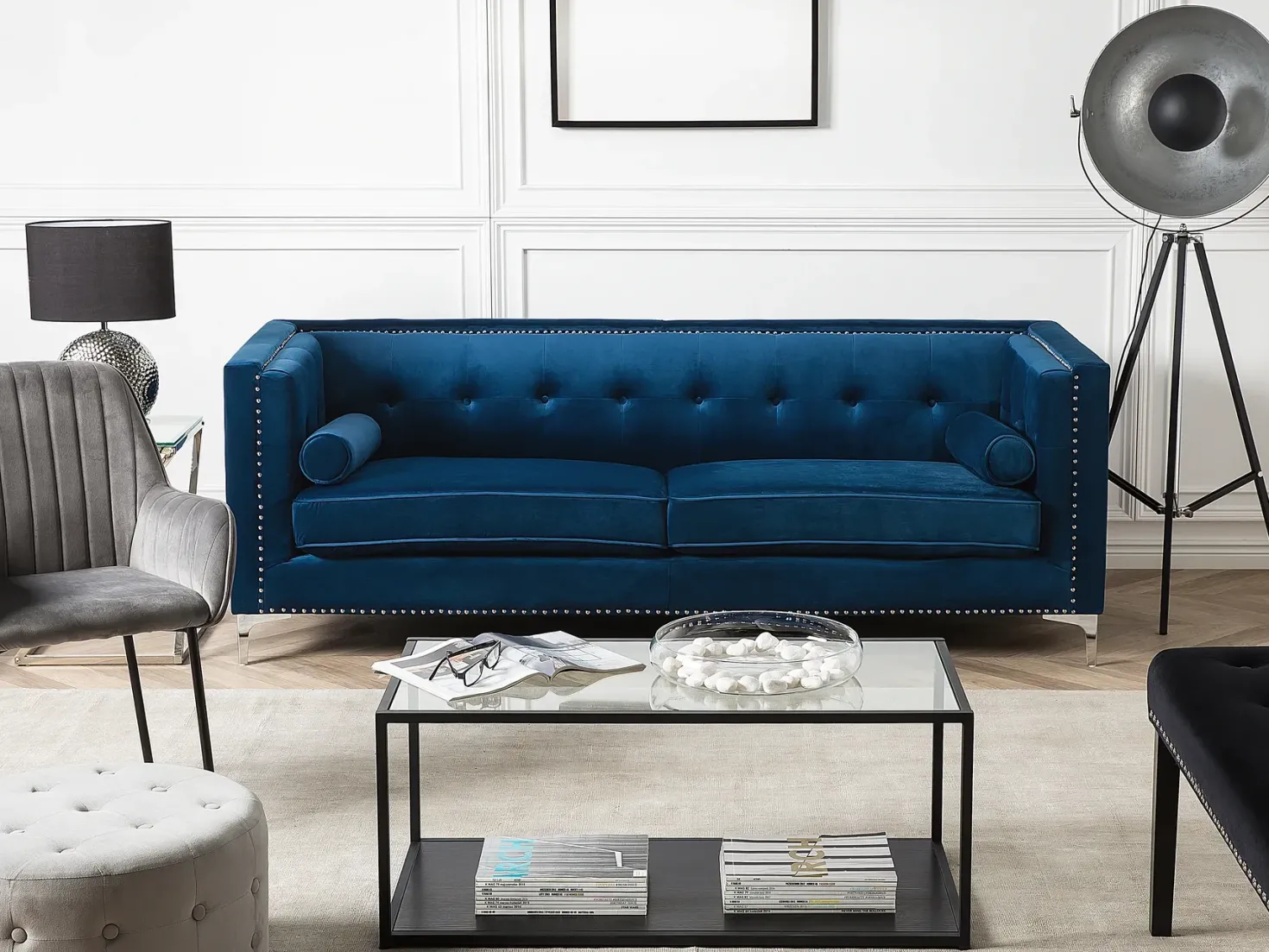 Sofa 3 personers AVALDSENES Velour Navy Blå