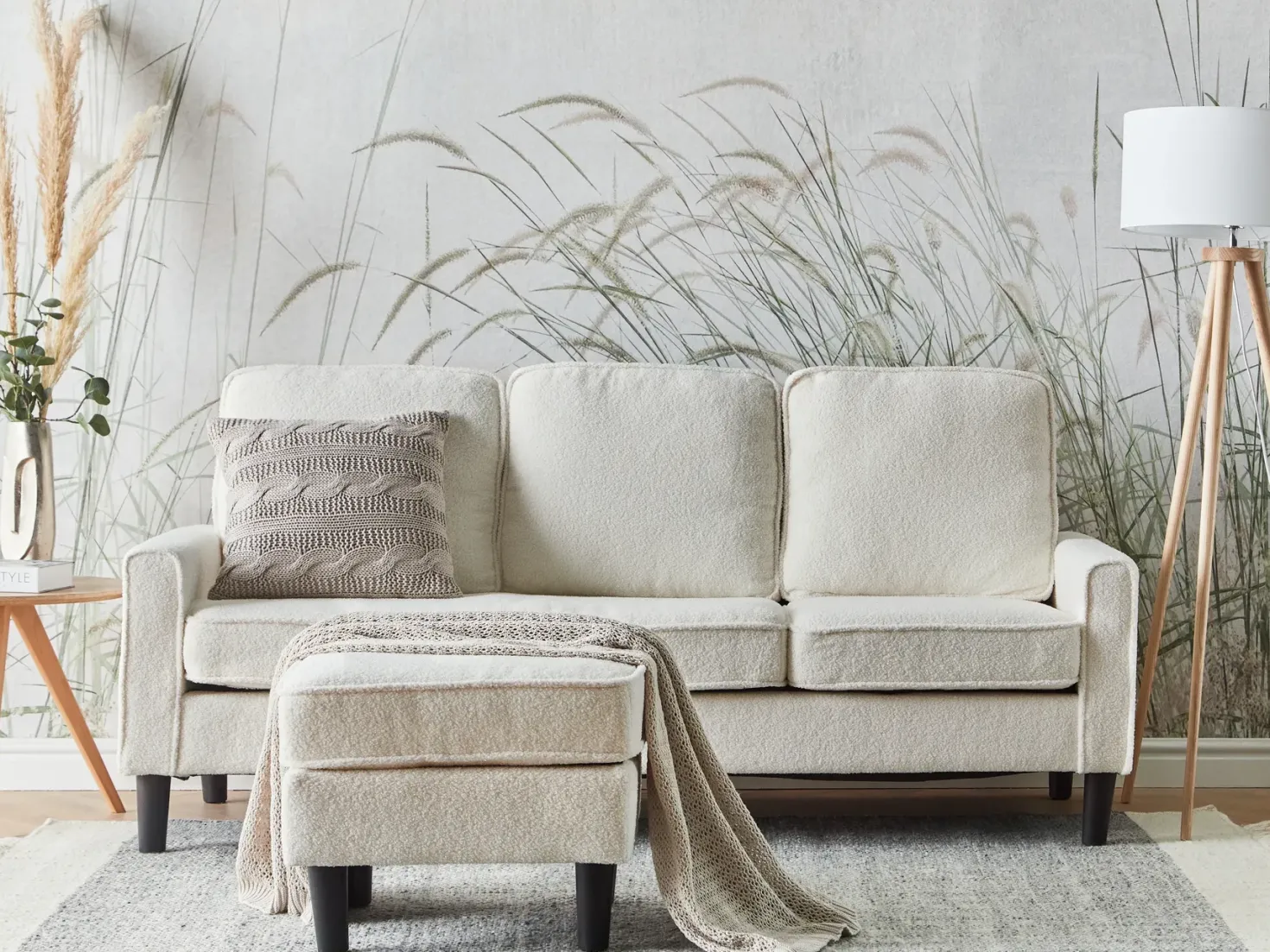 Sofa 3 personers AVESTA Boucle Hvid med fodskammel
